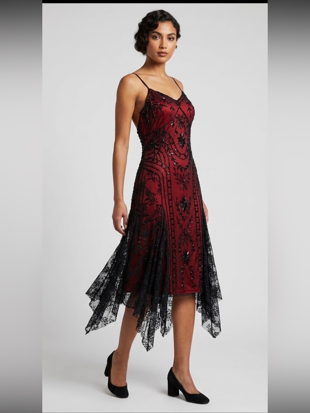 Vintage Caché Black Lace Beaded Mesh Red Slip Dress - Whimsigoth Women’s Sz 8